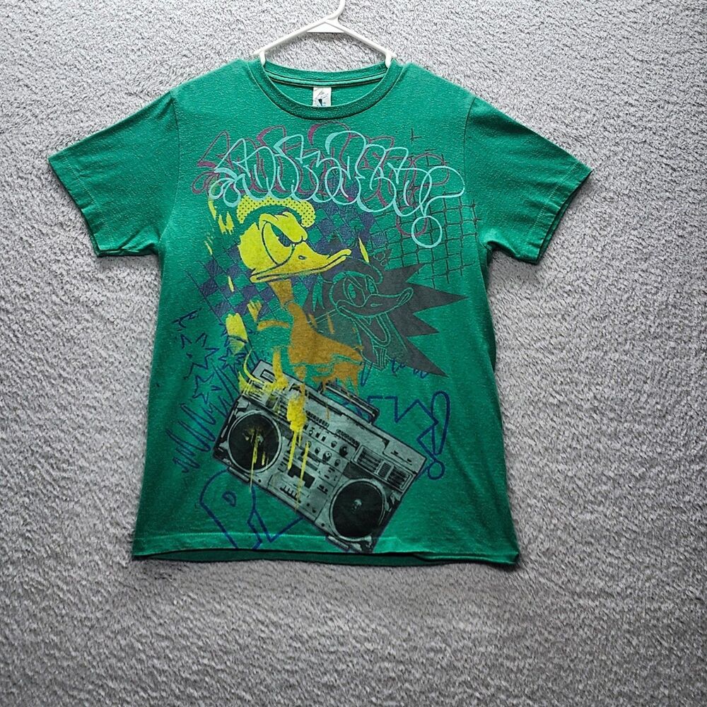 Vintage Donald Duck Disney T-Shirt M Green Graffiti Boombox SoftSpun USA Y2K